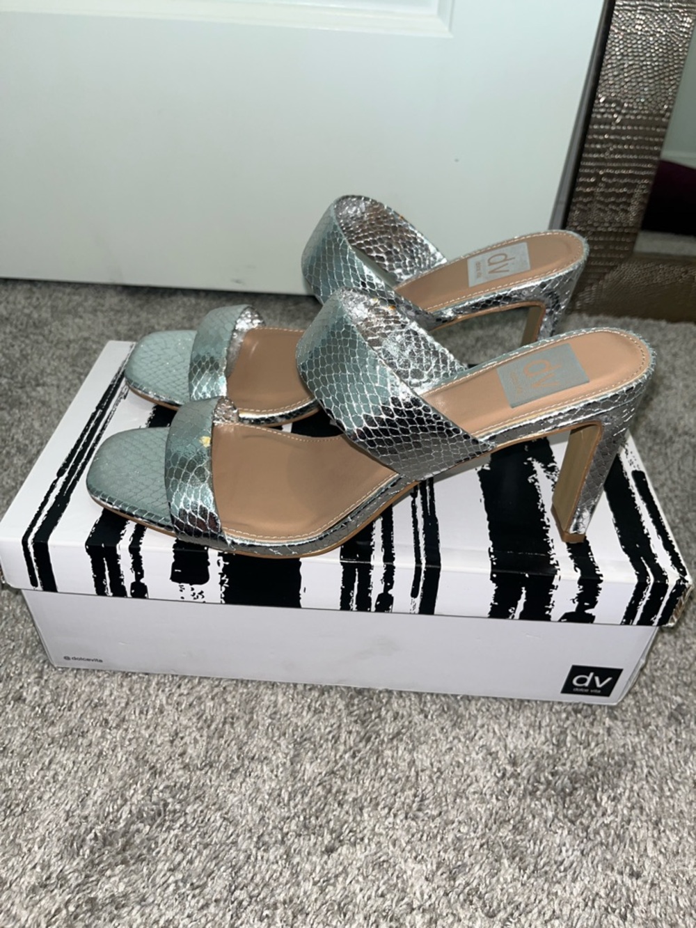 DV by Dolce Vita Silver Snake-Embossed High Heel Mules